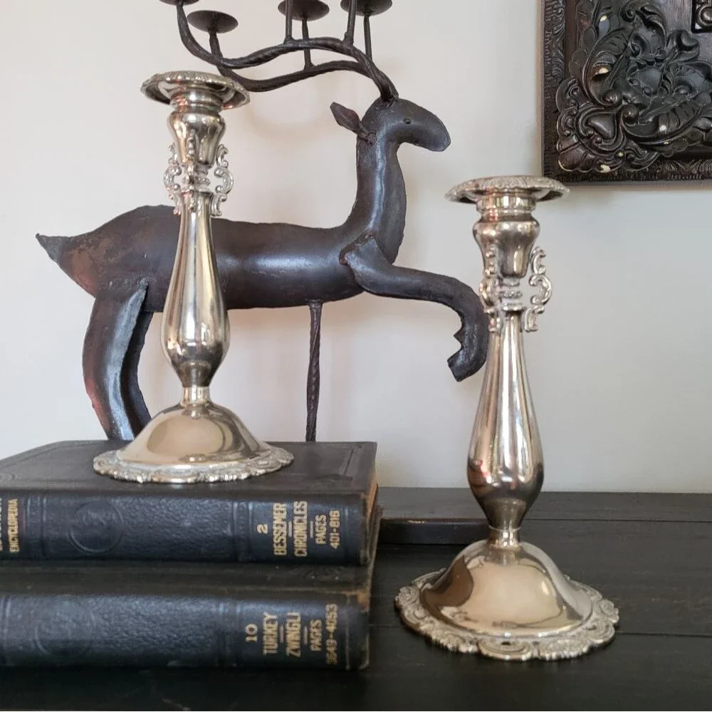 2 Baroque Wallace Silver Plate Antique Victorian Rococo Candlestick Holders 9x4